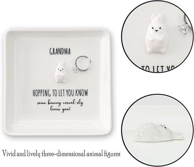 HOME SMILE for Grandma Grandmother,Bunny Ring Dish Jewelry Tray-Mothers Day Thanksgiving Day Birthday Gifts for Mimi Nana Gigi