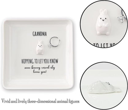 HOME SMILE for Grandma Grandmother,Bunny Ring Dish Jewelry Tray-Mothers Day Thanksgiving Day Birthday Gifts for Mimi Nana Gigi