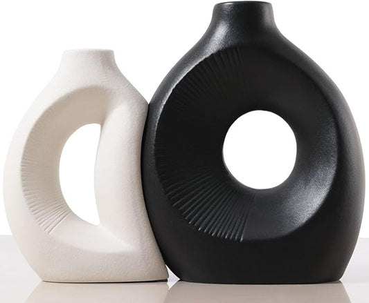 Ceramic Vase Set of 2 - Handcrafted Ceramic Vases for Home Decor & Shelf - Modern Farmhouse Decor for Kitchen, Office, Bedroom & Living Room Decorative Objects for Mantel, Table Centerpieces