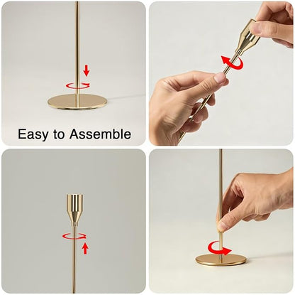 Solid Taper Candle Holders Set of 3, Champagne Gold Long Skinny Candlestick (Heights: 9/11/13 Inch), Heavy Iron Anti-Slip Base for Fireplace Mantle Table Centerpiece Christmas Decor