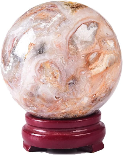 JIC Gem Large Striped Agate Crystal Sphere with Stand Gemstone Decorative Ball for Home Decor Altar Reiki Healing Gift 80-90mm