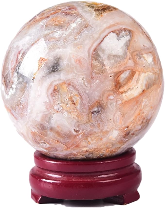 JIC Gem Natural Striped Agate Crystal Sphere with Wooden Stand Decorative Crystal Ball Healing Gemstone Sphere for Meditation Feng Shui Witch-Style Decor70-80mm