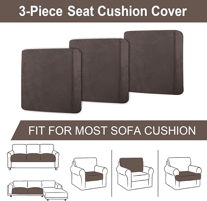 Couch Cushion Cover Velvet 3 Pieces Seat Cushion Cover Stretch Sofa Covers Separate Sectional Sofa Slipcovers Furniture Protector (3-Seater or Backrest, Coffee)