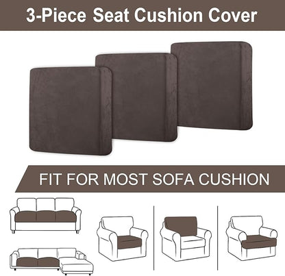 Couch Cushion Cover Velvet 3 Pieces Seat Cushion Cover Stretch Sofa Covers Separate Sectional Sofa Slipcovers Furniture Protector (3-Seater or Backrest, Coffee)