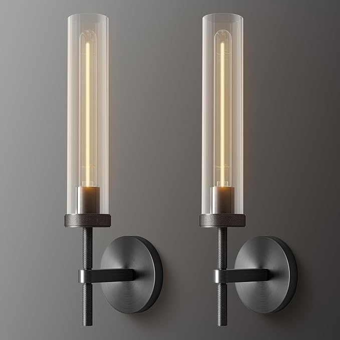 Black Wall Sconces Set of Two, Brass 19.48'' Knurled Texture Wall Light Fixtures, Bathroom Vanity Light Fixtures with Clear Glass, Modern Wall Lamp for Bathroom Living Room Hallway (Bulb Included)