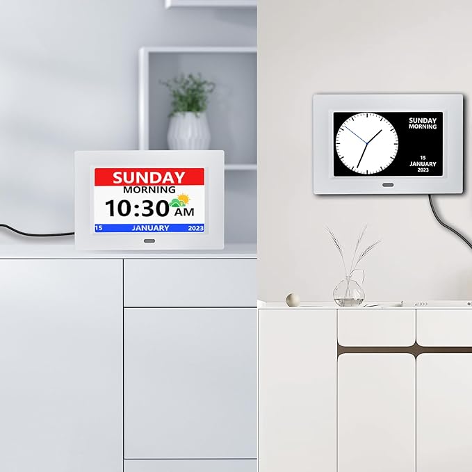 7 Inch Clock with Day and Date for Elderly Large Display Digital Clocks 12 Alarm 3 Display Modes Large Font Alzheimer's Clock Alarm Clocks for Seniors Auto DST White