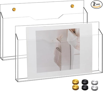 2Pcs Clear Acrylic File Holder Wall Mount Mail Magazine Organizer File Holders with Screw Wall Pocket Office Document Storage Rack Magazine Letter Brochure(14 x8.3 x1.2 ,Horizontal)