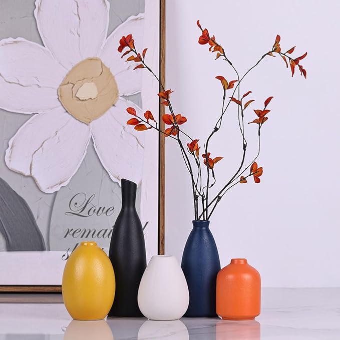 Colorful Ceramic Bud Vases Set of 5 - Modern Yellow, Orange, Blue Small Vases for Home Decor - Ideal for Living Room, Kitchen, Office, Bathroom, Mantle, Entrance, Farmhouse & Coffee Table Decorations