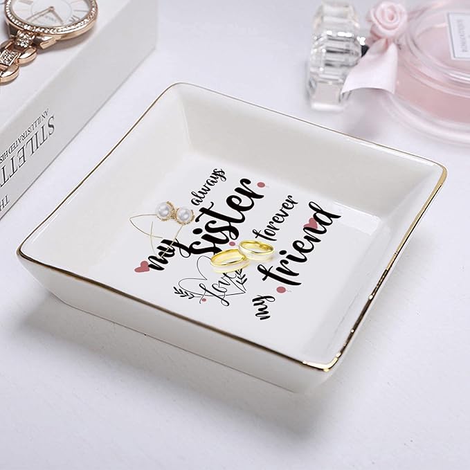 Sisters Gifts from Sister in Law Happy Birthday Gift for Women Funny Big Brother Little Ceramic Small Jewelry Dish Unique Trinket Tray Best Ring Plates Always My Sister, Forever My Friend