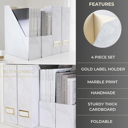 BLU MONACO Set of 4 Magazine Holders | White Marble Design with Gold Label Holders | Foldable File Organizer Boxes for Desk, Office & Classroom | Stylish Paper & Magazine Storage
