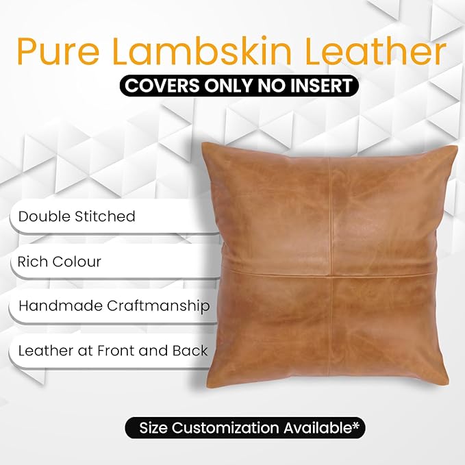 LL LEATHER LOVERS Lambskin Leather Pillow Cover - Sofa Cushion Case - Decorative Throw Covers for Living Room & Bedroom, 22x22 Inches - Gold Beige Plain (01) Pack of 2
