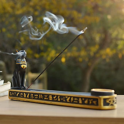 OwMell Egyptian Incense Holder for Sticks, Egyptian Cone Incense Burner with Ash Catcher, Incense Tray for Sticks 10" - Egyptian Cat