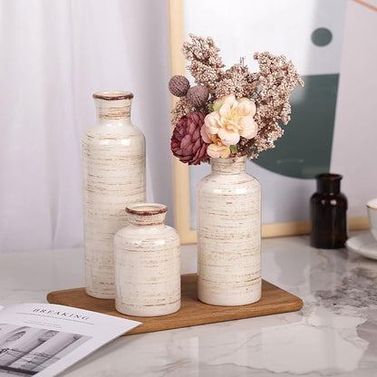 Ceramic Vase Set - 3 Ceramic Small Vases, Farmhouse Country Flower Vase Home Decor, Living Room Decoration, Table Decoration, Fireplace Decor, and Entrance Decorations Centerpieces