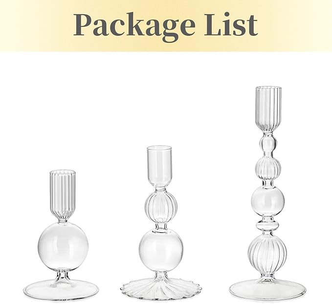 Hewory Glass Candlestick Holders Set: 3PCS Clear Candle Holder Taper Candle Holders Bulk, Crystal Ribbed Candle Sticks Holder Decor for Table Centerpiece Wedding Christmas Thanksgiving Dinner