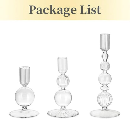 Hewory Glass Candlestick Holders Set: 3PCS Clear Candle Holder Taper Candle Holders Bulk, Crystal Ribbed Candle Sticks Holder Decor for Table Centerpiece Wedding Christmas Thanksgiving Dinner