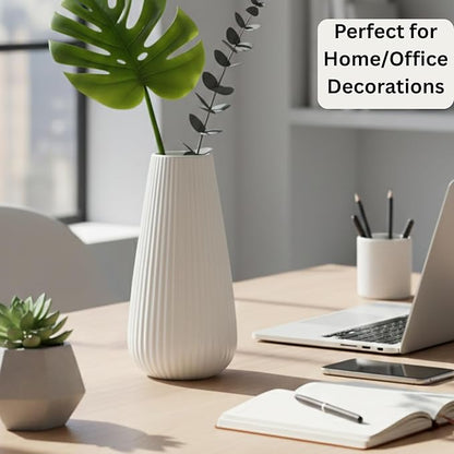 Luxury White Ceramic Vase, Modern Ribbed Fluted Design, Flower Vase for Home Decor, Cute Vase for Pampas Grass, Living Room, Dining Table, Farmhouse, Office, Bedroom, Kitchen Shelf