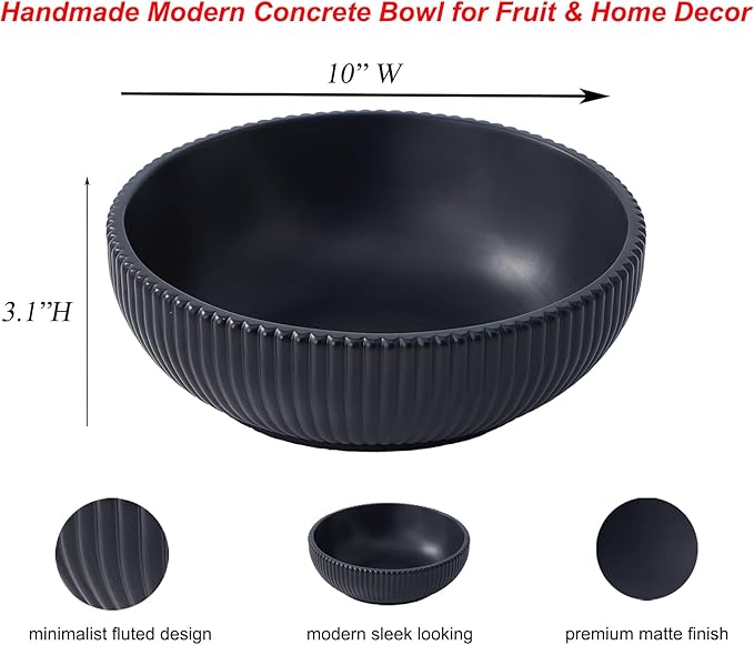 Aotea Crafts - Concrete Black Fruit Bowl for Kitchen Counter - Decorative Modern Industrial, Minimalist Fruit & Centerpiece Bowl - Sealed & Durable - Handcrafted -10 inch