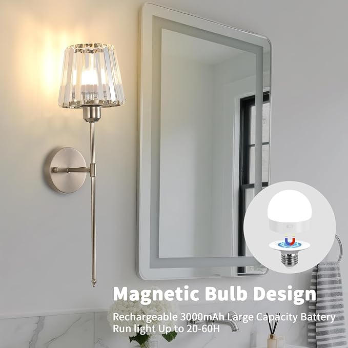 Battery Operated Crystal Wall Sconce Set of 2, Brushed Nickel Wireless Wall Light with Remote Control, LED Dimmable 15 Colors USB Rechargeable Light Bulbs Wall Lamp for Bedroom Living Room Hallway