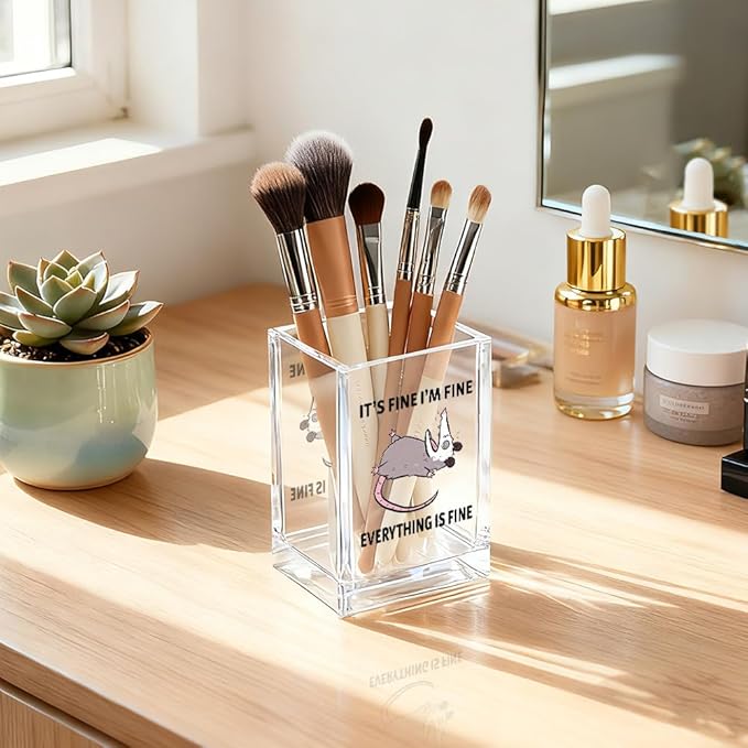 It's Fine I'm Fine Everything Is Fin Acrylic Makeup Brush Pencil Holder Cup, Funny Opossum Pen Holder Gifts For Friends Nurse, Office Sarcastic Gifts for Women Men Coworker, Desk Organizer