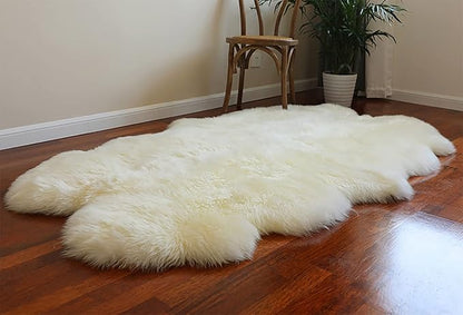 HUAHOO Premium Genuine Sheepskin Rug Real Australia Sheepskin Natural Luxury Fluffy Lambskin Fur Area Rug Seat Covers for Kids Bedroom Sofa Chair Cover Pets Dogs Mat Quarto Pelt/4' x 6' White/Ivory