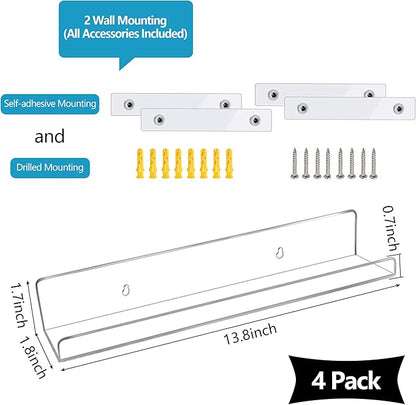 evron Acrylic Floating Shelves – 4-Pack Clear Wall Shelf for Bathroom, Bedroom, or Kitchen – Easy Installation with Adhesive (No-Drill) or Screws (Drill Required) – 13.8" Modern Rack (Clear 4 Pack)