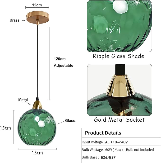 15cm/5.9’’ Industrial Vintage Spherical Glass Pendant Light, E26 Ceiling Hanging Lamp, Gold Finish & Ripple Glass Globe Shade, Dining Room Bedroom Chandelier (Green)
