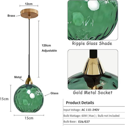 15cm/5.9’’ Industrial Vintage Spherical Glass Pendant Light, E26 Ceiling Hanging Lamp, Gold Finish & Ripple Glass Globe Shade, Dining Room Bedroom Chandelier (Green)