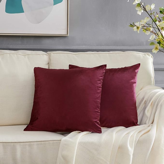 GIGIZAZA Velvet Pillow Covers 20x20: Pack of 2 Throw Pillows Soft Solid Covers - Burgundy Decorative Couch Small Cushion Covers Used for Chrismas Room Decor,Living Room,Bedroom,Sofa