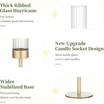 Glasseam Tapered Gold Candlestick Holders: 6 Pcs Tall Brass Taper Candle Holder with Ribbed Glass Cylinder - Hurricane Fluted Candle Holders for Table Centerpiece Wedding Party Christmas Decorations