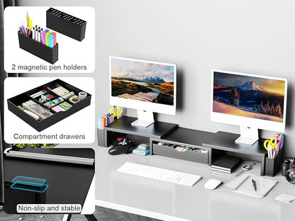 Spacrea Metal Desk Organizers and Accessories, Dual Monitor Stand Riser with Drawer and 2 Pen Holders, Desk Accessories & Workspace Desktop Organizers for Office Supplies (Black)