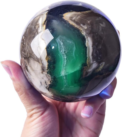 JIC Gem 3.1-3.5 inch(80-90mm) Large Volcanic Agate Crystal Sphere Quartz Crystal Ball with Stand Healing Ornament Witchcraft Meditation Decor