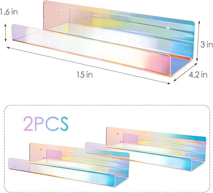 NiHome 2PCS Iridescent Wall Mounted Clear Acrylic Floating Shelves, Attom Tech 15" Thick Invisible Wall Ledge Bookshelf Kids Book Display Shelves for Home, Office, School, Business
