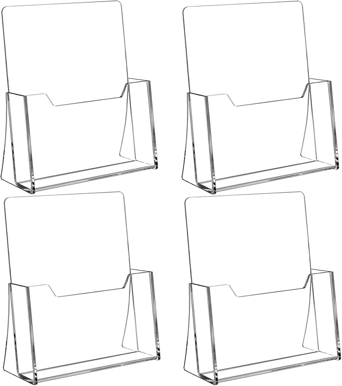 Acrylic Brochure Holder 8.5 x 11 inch 4 Pack, Clear Acrylic Plastic Flyer Holders for Literature Magazine Pamphlet Booklet Menu Journals Display Stand Desk Holder Countertop Organizer