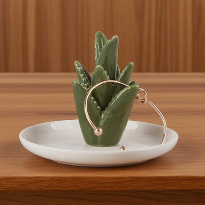 Aloe Ceramic Jewelry Tray, Ring Dish & Trinket Holder - Boho Room & Bathroom Decor for Women, Cute Desk Organizer - Gift for Her, Mom, Sister, Best Friend, Christmas, Birthday
