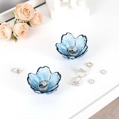 Crystal Blue Flower Ring Dish Jewelry Tray, Decorative Glass Trinket Dish, Modern Accent Tray for Vanity