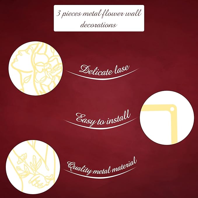 CHENGU 3 Pieces Gold Wall Decor Minimalist Wall Art Metal Line Wall Art Wall Decor for Bedroom Single Line Female for Kitchen Bathroom Living Room(Flower)