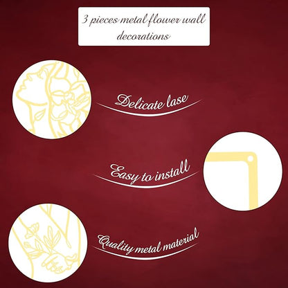 CHENGU 3 Pieces Gold Wall Decor Minimalist Wall Art Metal Line Wall Art Wall Decor for Bedroom Single Line Female for Kitchen Bathroom Living Room(Flower)