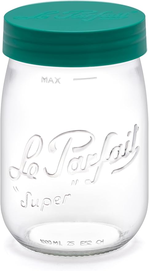 Le Parfait Screw Top Jar Wide Mouth French Glass Jar | Ideal for Food and Soup Storage, Canning, Flour, Brown Sugar, and other Baking Supplies (1L/32oz, Pack of 4, Pine)