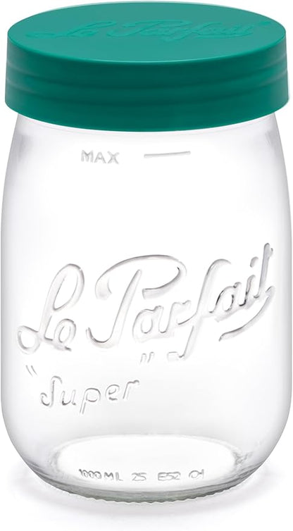 Le Parfait Screw Top Jar Wide Mouth French Glass Jar | Ideal for Food and Soup Storage, Canning, Flour, Brown Sugar, and other Baking Supplies (1L/32oz, Pack of 4, Pine)