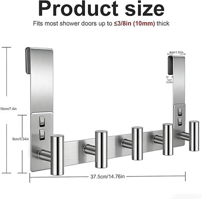 PMMASTO Shower Door Hooks, (7.5 Inch) Extended Towel Hook for Bathroom Frameless Glass Shower Doors, Stainless Steel Heavy Duty Holder for Hanging Robe,Towel (Silver 5 T-Hooks-Fits 3/8" Thick Door)