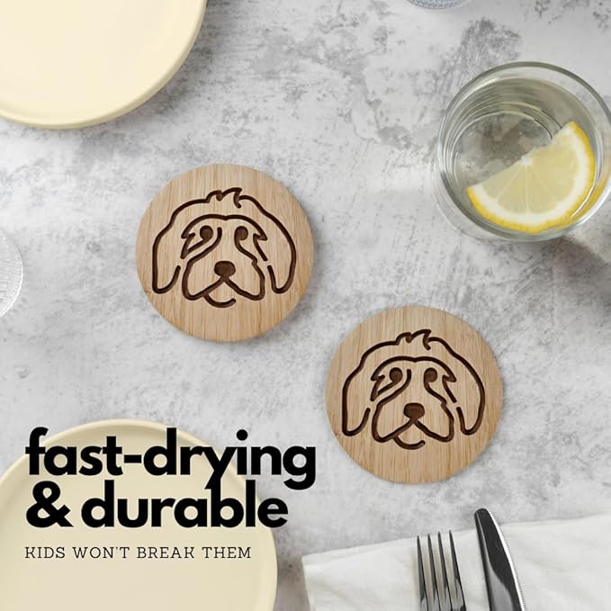 Set of 6 Bamboo Laser-Engraved Fun Dog Coasters with Iron Holder - Gift Packaging 3.9 Inch Non-Stick Absorbent Durable and Unbreakable Wooden Cup Coasters for Dog Lovers (Doodle)