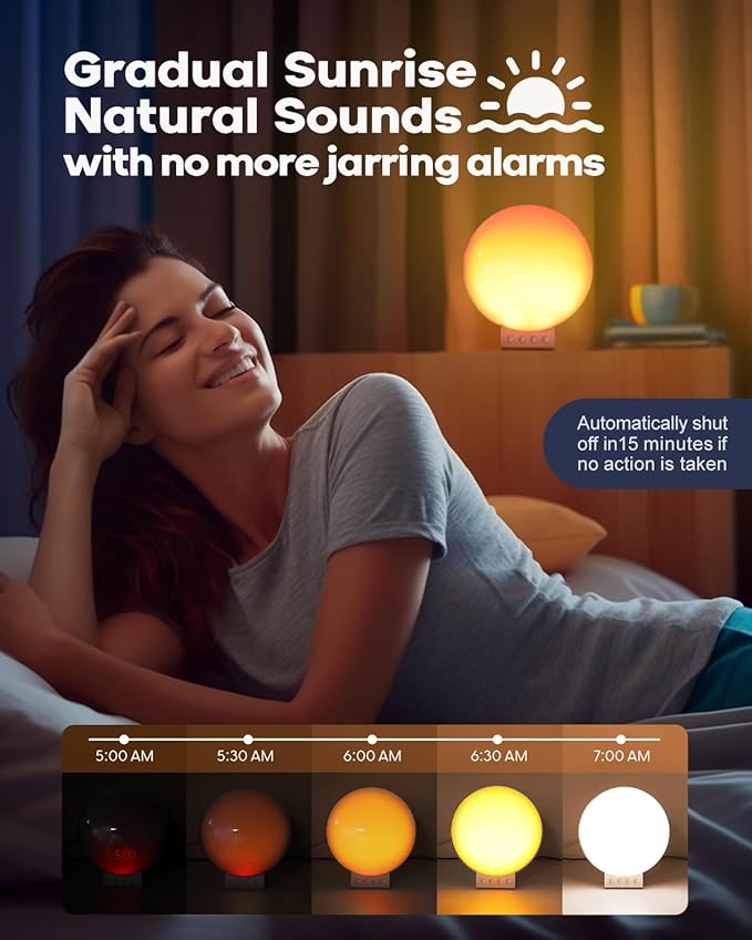 Dekala Sunrise Alarm Clock with 3-in 1 Wireless Charger Clocks, White Noise Sound Machine, Night Lamp with 11 Light, Alarm Clock for Heavy Sleepers Adults, Compatible with iPhone/Apple Watch/Airpods