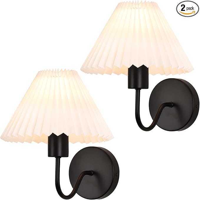 Black Wall Sconces Sets of 2, White Pleated Fabric lampshade, Indoor Gooseneck Wall Lamp Lighting, Bathroom Dresser Hardwired sconces wall decor Fixture for Living Room Bedroom Dining Room Hallway