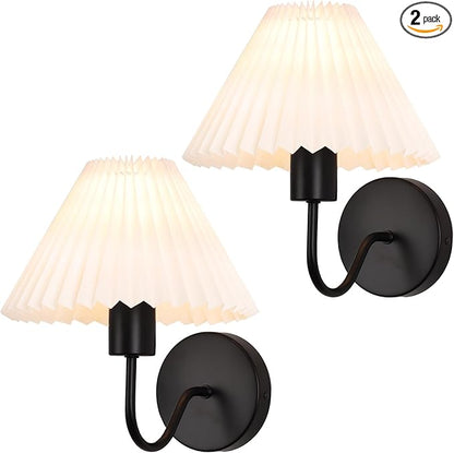 Black Wall Sconces Sets of 2, White Pleated Fabric lampshade, Indoor Gooseneck Wall Lamp Lighting, Bathroom Dresser Hardwired sconces wall decor Fixture for Living Room Bedroom Dining Room Hallway