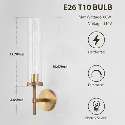 19.5" Knurled Brass Wall Sconce with Crackle Glass Tube, Gold Bathroom Vanity Light Fixtures, Modern Lamp Lighting for Bedroom, Living Room, Hallway, Staircase, Mirror, Kitchen