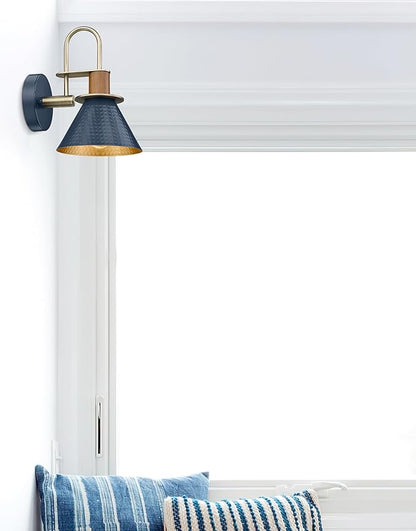 Industrial Wall Sconces Set of Two, HWH Indoor Wall Sconce 1-Light Barn Vanity Light, Hammered Wall Lamp for Bathroom Bedroom Bedside Kitchen, Hammered Metal Shade, Navy Blue Finish, 5HZG74B-2 BL+BG