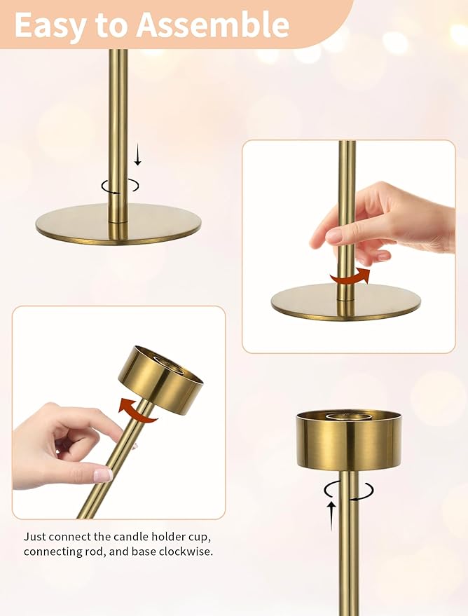 NUPTIO Candlestick Holders for Table Centerpiece: Set of 3 Gold Candle Sticks Holder with Clear Glass Hurricane - Tall Brass Taper Candle Holders for Outdoor Wedding Birthday Decor
