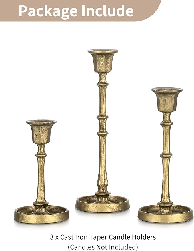 NUPTIO Cast Iron Candlestick Holders: Antique Brass Taper Candle Holders with Unique Drip Wax Aesthetics - Set of 3 Gold Candle Sticks Holder Fireplace Mantel Decor