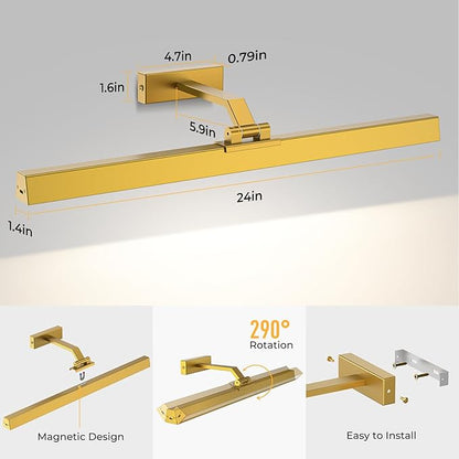 Picture Lights for Wall, 2PCS 24in Battery Operated Picture Light for Paintings CCT Dimmable Recharging Battery Wall Lamp with Remote Control for Living Room Gallery Dartboard Gold Color