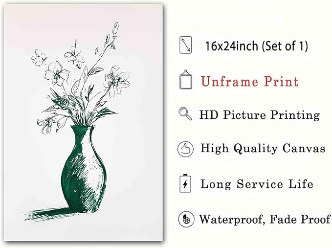 Vintage Floral Wall Art Flower Sketch Abstract Flower Picture Flowers In A Vase Wall Art Engrave Line Canvas Neutral Sketch Minimalist Mid Century Painting Living Room Decor 16x24inch No Frame